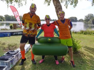 Staff dressed in bright colours with rubber rings