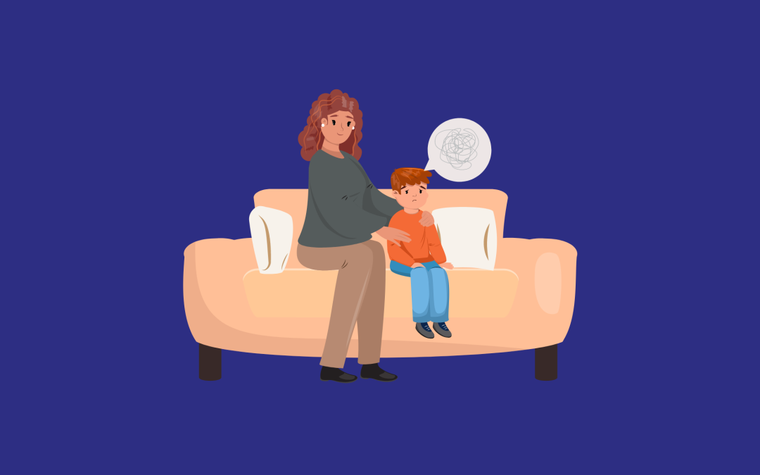 woman on a sofa consoling a child who is feeling upset