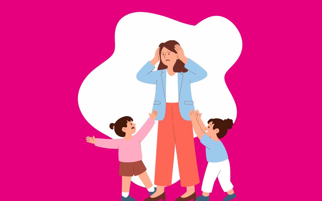 A graphic of a stressed out adult and two little children.