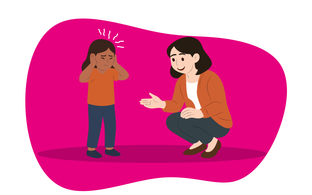 A cartoon image of a calm adult talking to a dysregulated child.